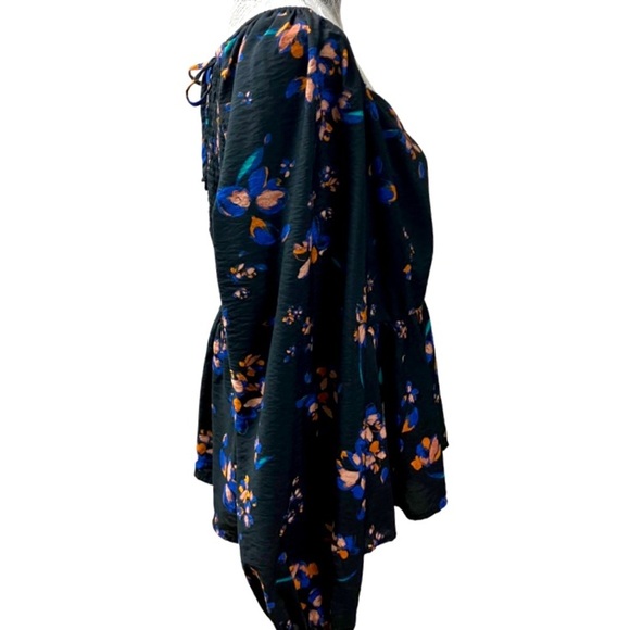 AVA & VIV Floral Peplum Blouse Women’s SZ 1X Black Long Sleeves Smock Tie - Picture 9 of 11
